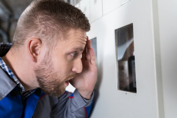 man shocked looking at electric meter depicting high energy bill due to air conditioner condenser rust