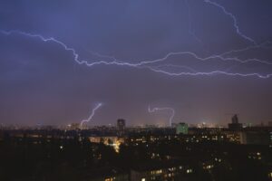 lightning above city skyline