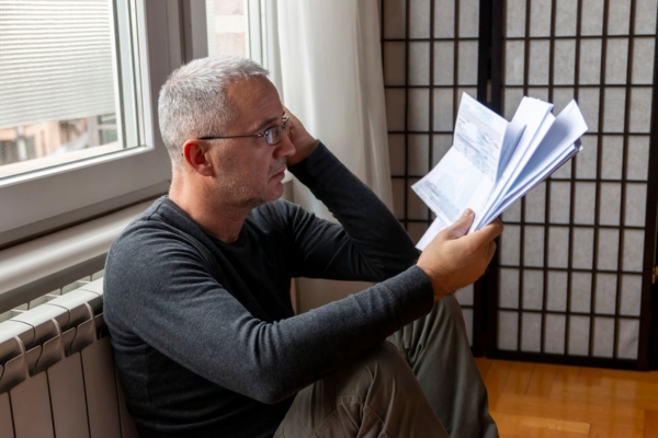 man looking stressed while holding utility bills due to high heating charges