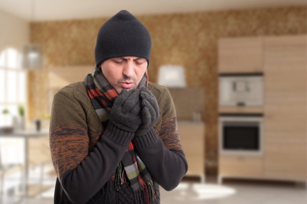 man dressed for winter indoors due to heating emergency